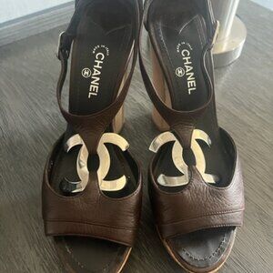 CHANEL Brown Platform Sandals with Silver Accents